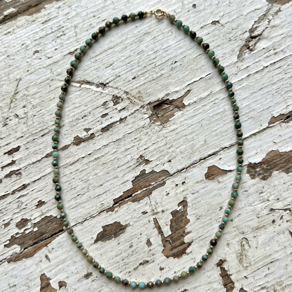 Semi Precious Faceted Emerald Necklace with Matte Gold Tone Beads